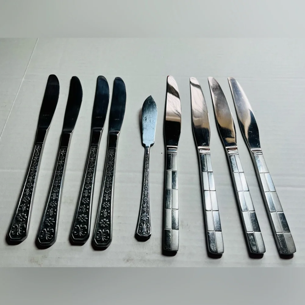 VINTAGE FLATWARE CAMBRIDGE LANDSCAPE & INTERPUR FLORENZ DINNER KNIVES (TOTAL 9)